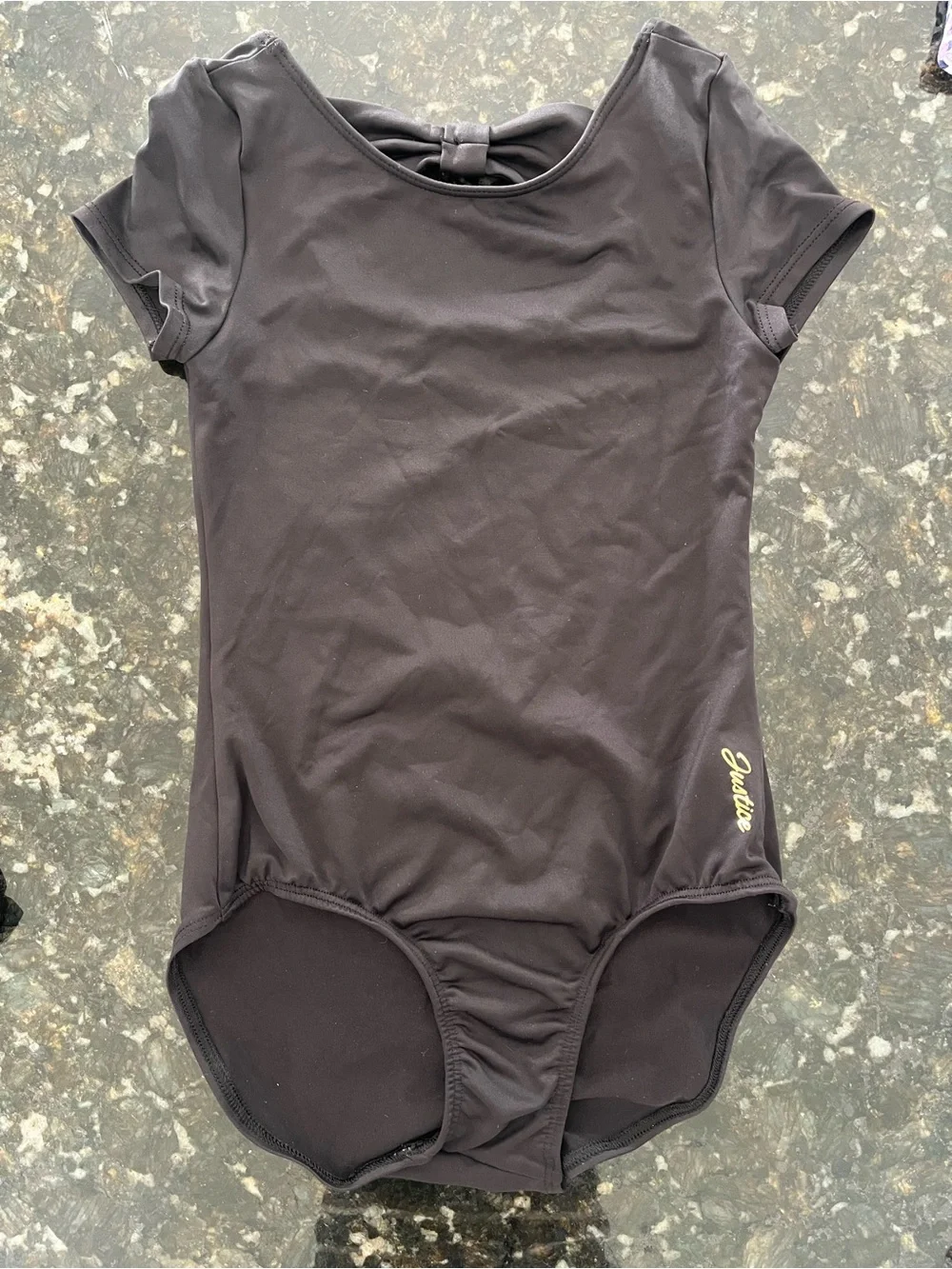 Justice Black Short-Sleeve Bodysuit with Back Bow Cutout Size 7/8